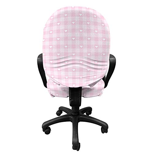 Lunarable Checkered Office Chair Slipcover, Romantic Tartan With Hearts Love Theme Pastel Girly Tones Cartoon, Protective Stretch Decorative Fabric Cover, Standard Size, Pink White #TOP1
