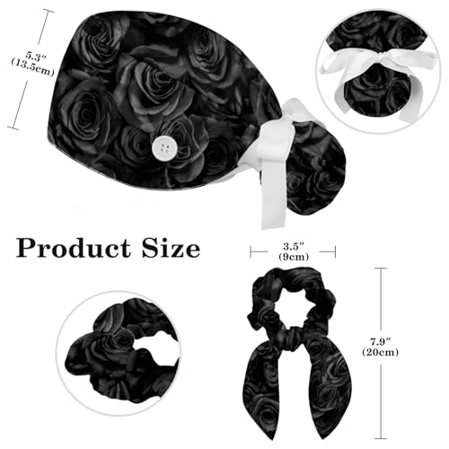 Image of Red Blooming Rose Flowers Black Working Cap with Scrunchy and Ribbon Tie for Women, Long Hair