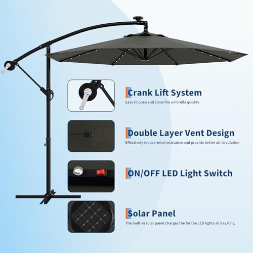 Garvee 10ft Solar Lights Offset Patio Umbrella, Cantilever Umbrella with Easy Lift & Tilt Adjustment, 8 Ribs Sun umbrella UV Protection for Backyard, Pool, Garden - Gray