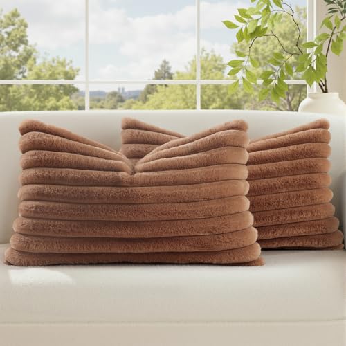 Image of decorUhome Fall Cozy Faux Fur Throw Pillow Covers 12x20 Set of 2 Decorative Soft Plush Striped Lumbar Modern Farmhouse Boho Couch Pillow Cases with Velvet Back for Sofa Bed Living Room, Brown
