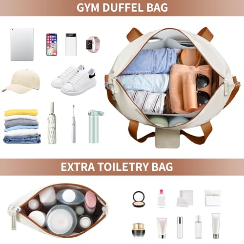 Image of Gym Bag for Women, Travel Duffel Bag with Shoes Compartment, Weekender Bag, White Black Brown, Large, Weekender Bag /Travel Bag /Gym Bag /Duffel Bag /Carry on Bag /Overnight Bag