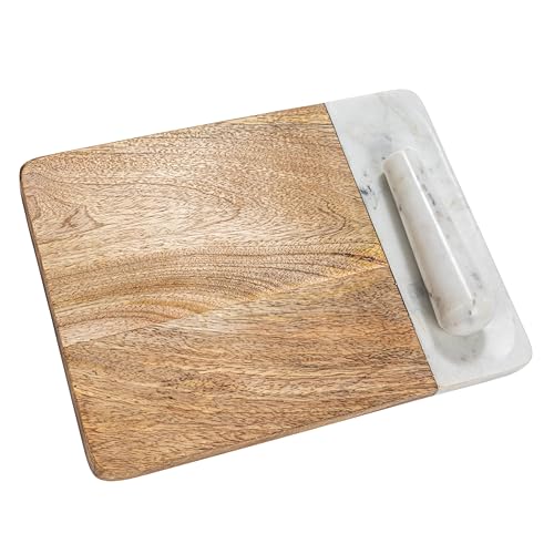 Creative Co-Op Mango Wood and Marble Cheese and Cutting Board with Inlaid Marble Pestle, Natural and White