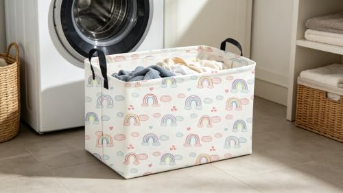 Image of Sanjiaofeng Rectangular Rainbow Basket,Storage Bins with Handles,Dirty Clothes Basket,Rainbows Room Decor(Big Rainbow)