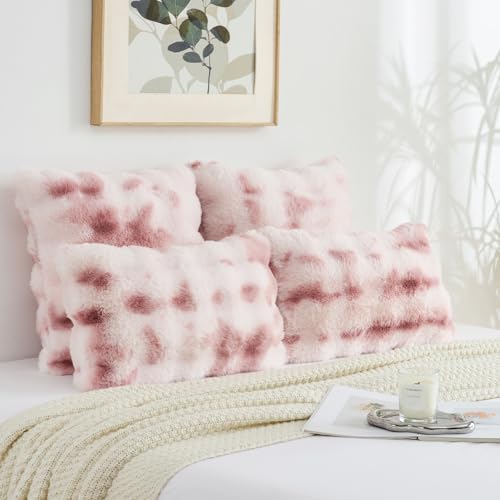 FUTEI Pink White Decorative Throw Pillow Covers 24x24 Inch Set of 2,Soft Fuzzy Faux Rabbit Fur European Cushion Covers with Raised Texture,Neutral Boho Home Decor for Couch Bed Living Room