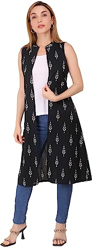 Image of Women Indo Western Floral Printed Ethnic Long Cotton Sleeveless Open Front Plus Size New Shrug Fancy Ladies Summer Cardigan Dress Bolero Jacket Clothing Online