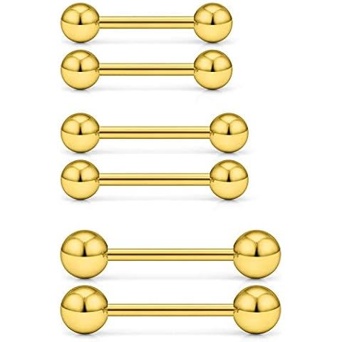 VFUN 3 Pairs 14G Stainless Steel Externally Threaded Tongue Nipple Shield Barbell Ring Bar Body Piercing Jewelry Retainer 12mm 14mm 16mm - Gold Cover