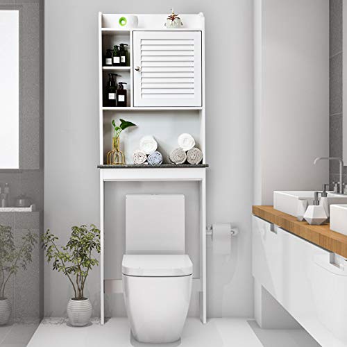 COSTWAY Over Toilet Cabinet, Freestanding Washing Machine Rack with Open Shelves and Door, Bathroom Space Saver Laundry Tall Storage Cupboard Organiser Unit (Louver Door) - Cosy Home Interiors COSTWAY Over Toilet Cabinet, Freestanding Washing Machine Rack with Open Shelves and Door, Bathroom Space Saver Laundry Tall Storage Cupboard Organiser Unit (Louver Door) - Image 2