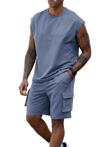 Opomelo Men's 2 Piece Short Set Summer Casual Tracksuit – Sleeveless Muscle Fit T Shirt and Shorts Outfit for Gym Workout