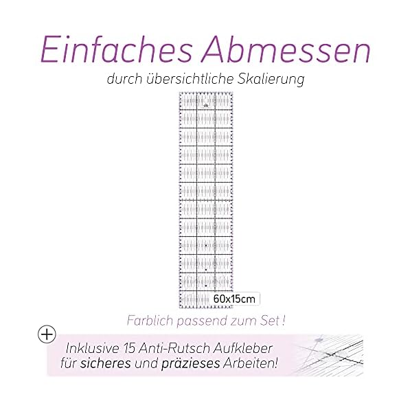 Lange & König Rollschneider Set in 3 Größen [A1, A2, A3] und 5 Farben Inkl. Schneidematte, Rollschneider, 5 Ersatzklingen, Patchwork-Lineal + 20 Stoffklammern als Nähzubehör – Bild 4