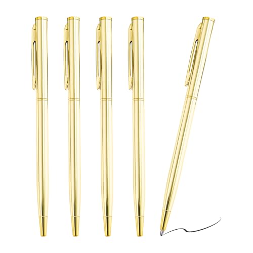 Image of Eiaigky 5 Pack Metal Ballpoint Pens, Gold Ballpoint Pen Slim Stainless Steel Twist-Action Pens with Black Ink, Metal Gold Pen for Office, Business, Students, Teachers, Weddings, and More, Durable