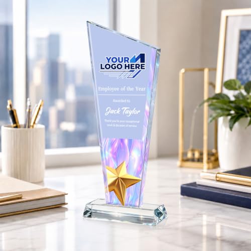 Image of Custom Crystal Trophy Award Personalized Plaque Award with Text Logo Photo Awards Trophies for Employee Recognition Team Graduation Personalized Office Gifts for Boss Coworker Teacher
