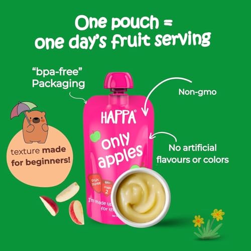 Image of Happa Organic Baby Food Apple Puree | 100% Fruits | No Added Sugar, No Milk Powder, No Preservatives | Stage 1 (6 Months+) | Ready to Eat | Free from Common Allergens | Pack of 9 (100g Each)