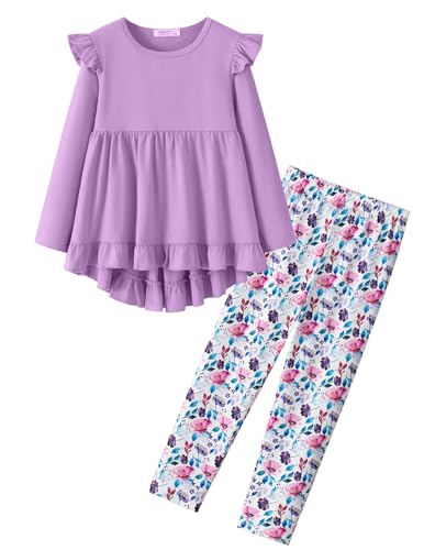Image of Yekaty Girls Clothes Ruffle Shoulder High Low Hem Long Sleeve Top and Floral Pants 2 Piece Fall Outfits Clothing Set