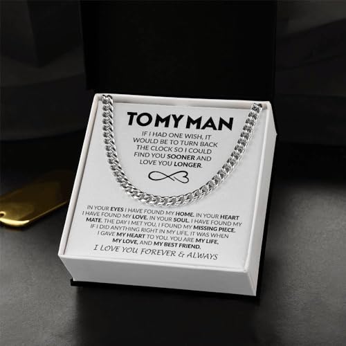 To My Man Husband Boyfriend Cuban Link Chain Silver Stainless Steel Necklace for Birthday Anniversary Christmas Valentine's Day Gifts for Him, Gifts for Men3