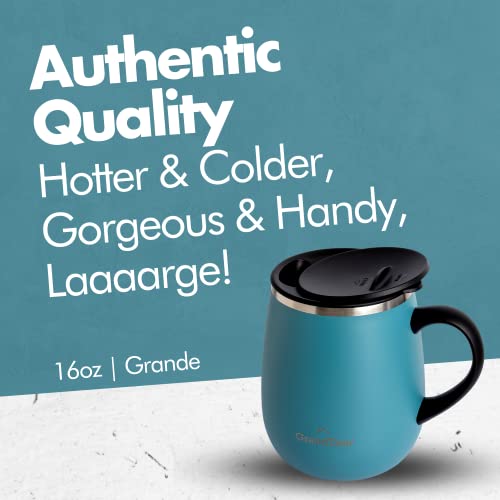 Grandties Insulated Coffee Mug With Handle- Sliding Lid For Splash-Proof 16 Oz Wine-Glass Shape Thermal Tumbler With Double Walled Vacuum Stainless Steel To Keeps Beverages Hot Or Cold-Atlantis Blue #TOP1