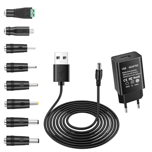 Adaptador de Corriente 5V 2A con 8 Conectores DC y Cable USB a DC 1M, Fuente de Alimentación AC/DC Universal para Múltiples Dispositivos Electrónicos Adaptador AC-DC