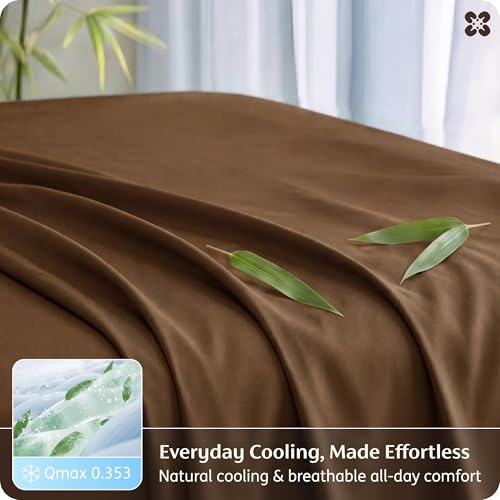 Image of Bedsure California King Sheet Sets, Cooling Sheets for Hot Sleepers, Rayon Derived from Bamboo, PureWoven, Breathable & Soft, Deep Pocket Up to 16 Inches, Hotel Luxury Silky Bedding, Brown
