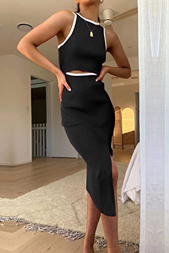 Image of PRETTYGARDEN Women's Summer Midi Bodycon Dresses Casual Crew Neck Side Slit Sleeveless Knit Cut Out Tank Top Dress
