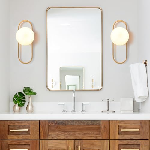 Gold Wall Lamp Sconces Set of 2 with White Globe Glass Shade - Living Room & Bedroom Wall Lights - Image 3