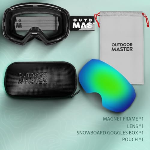 Image of OutdoorMaster Ski Goggles PRO - Frameless, Interchangeable Lens 100% UV400 Protection Snow Goggles for Men & Women ( Black Frame VLT 18% Grey Lens with Full REVO Green and Free Protective Case )