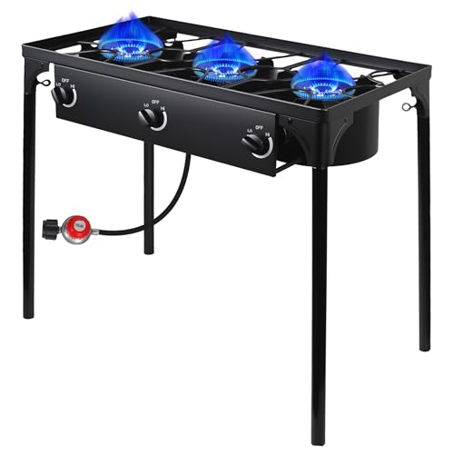 3 Burner Pranpane Stove for Outdoor Cooking Propane Burner 225,000 BTU Gas Cooker High Pressure Camping Stove with Removable Legs and 20 PSI Regulator for Backyard, Boiling and Frying