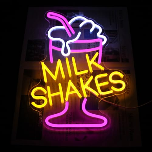 Image of Milk Shakes Neon Sign Ice Cream LED Light for Dessert Shop Restaurant Decor | Milk Tea LED Signs for Wall, Dimmable Frozen Yogurt Neon Light, Food Drink Acrylic Neon Wall Sign, USB Powered, Easy to Hang