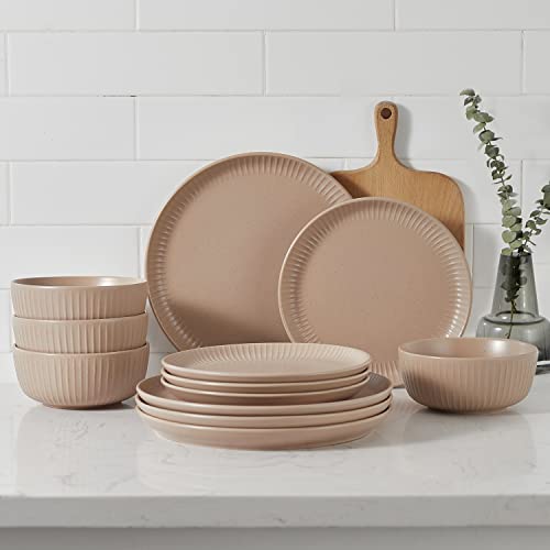 Image of Stone Lain Logan 12 Pieces Stoneware Dinnerware Set, Beige