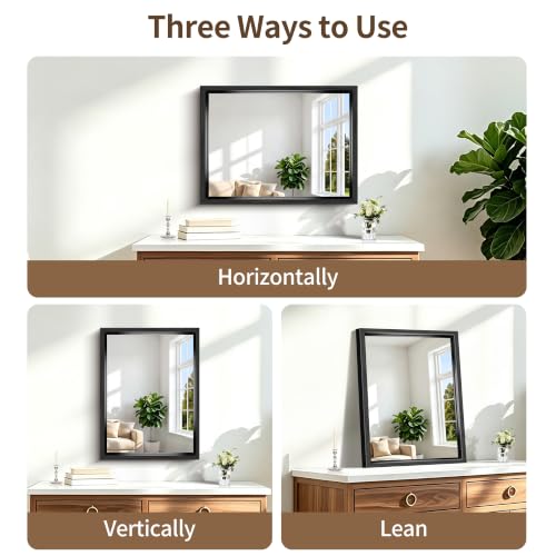 Image of Bathroom Mirror, 18 x 24 inch Brushed Black Metal Frame Rectangular Vanity Mirror, Wall Mounted Rectangle Mirror for Bedroom Living Room, Tempered Glass, Antirust, Horizontally or Vertically