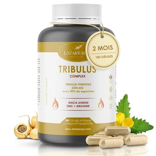TRIBULUS TERRESTRIS PUISSANT 4 EN 1 avec Maca Andine + Arginine + Zinc | Complément contre la fatigue pour hommes | Force et énergie | 90% de saponines | 180 gélules...