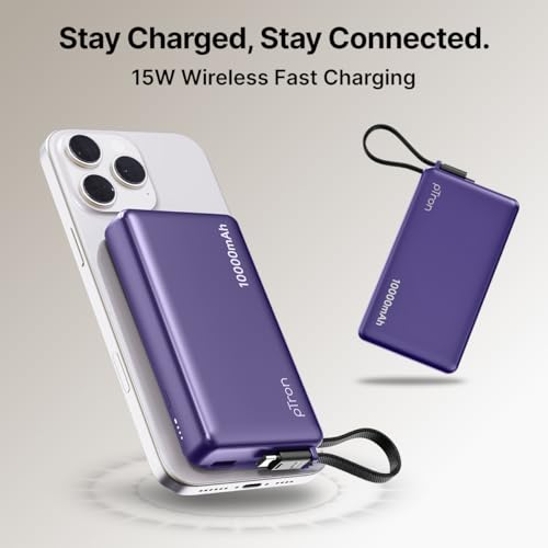 Image of pTron Dynamo Dash Magnetic Wireless 10000mAh Fast Charging Slim Power Bank, MagSafe, 22.5W Output, Compatible w /iPhone 12 /13 /14 /15 /16, Android & Other Qi Enabled Devices, Type-C Input (Purple)