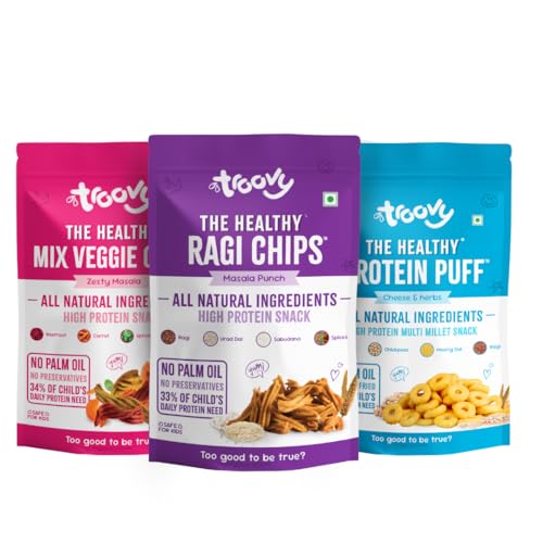 Troovy Healthy Chips & Puff Value pack | Tasty & High Protein Snacks | 30% Of Protein Needs | No Palm Oil, Cholesterol or Trans Fats | No Junk & Chemicals | Mix Vegetable chips (Zesty Masala , 70gm x 1) | Ragi Chips (Masala Punch, 70gm x 1) | Protein Puffs (Cheese & Herbs, 80gm x 1)