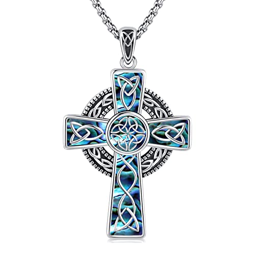 Midir&Etain Celtic Cross Necklace 925 Sterling Silver Cross Pendant Necklace Celtic Viking Irish Jewelry Religious Protective Gift for Men Women