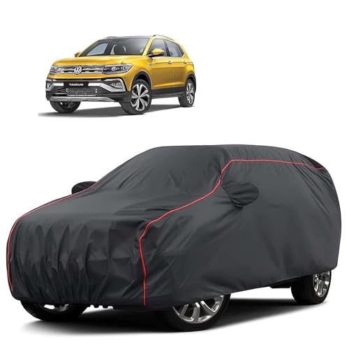 Image of Sulfar 100% Water Resistant Car Body Cover Compatible with Mirror for Volkswagen Taigun (Triple Stitched, Full Bottom Elastic, Dark Grey Tafetta with Red Piping)