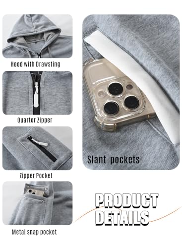 Leidowei Men's Hoodies Casual Pullover Hooded Sweatshirt Long Sleeve Quarter Zip Hoody Tops With Kangaroo Pocket Light Grey L