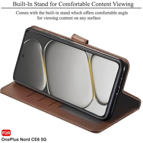 Image of TheGiftKart Genuine Leather Finish Flip Back Cover Case for OnePlus Nord CE 6 5G | Inbuilt Pockets & Stand | Wallet Style | Designer Button | Flip Back Cover for OnePlus Nord CE6 (Faux Leather, Brown)