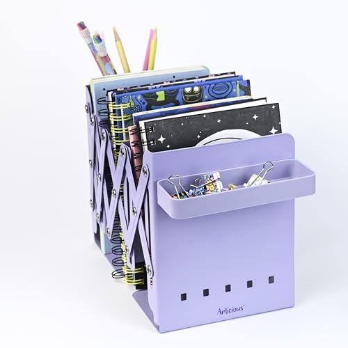 Image of Adjustable Bookend Organizer with Pen Holder | Expandable Desk Bookshelf for Office, Study, and Home | Book Rack Stand for Books, Files & Stationery (Extends Up to 17 Inches) (Purple)
