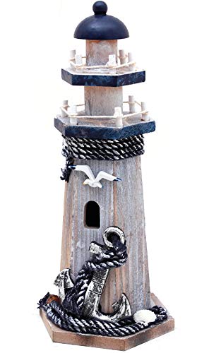 Wooden Lighthouse Decor, 10.25Inch Decorative Nautical Lighthouse Rustic Ocean Sea Beach Themed Lighthouse Decoration, Handcrafted Tabletop Nautical Themed Home Decor Bathroom Decor(Seabird & Anchor)