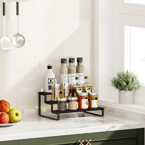 Image of 3 Tier Wooden Spice Rack for Kitchen Countertop -Step Shelf Organizer for Spices, Jars & Condiments | Metal Frame Wood Shelf For Counter Storage - Black (35 x 24 x 15 cm)