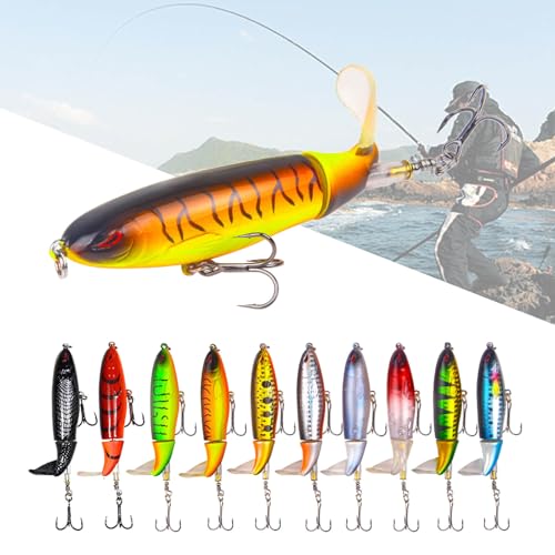 Rtgse 10Pcs Whopper Fishing Lure For Bass Popper Top Water Fishing Lures With Floating Rotating Tail Barb Treble Hooks In Saltwater Freshwater Plopping Lures Kit thumb #3
