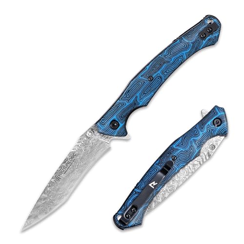 YOUSUNLONG Cuchillo plegable - Hoja de acero damasco martillado - Textura damasco azul G10 Cubierta