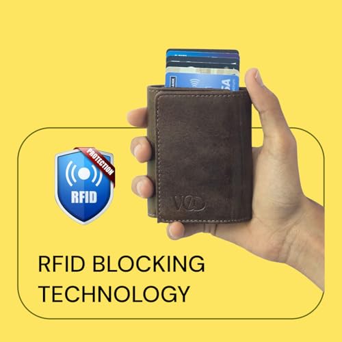 Men’s Leather Wallet – Trifold Design with Pop-Up Button and Push Lock System, 8 Card Slots, RFID Blocking, Multiple Compartments – Genuine Leather – Compact and Lightweight4