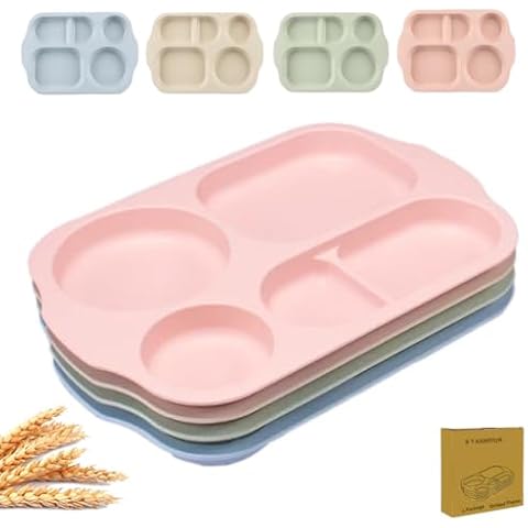 RUIBOLU Large 12 Inch Divided Plates for Kids Adults, Wheat Straw Portion Control Plate, Reusable Plastic Compartment Plates,Unbreakable Dinner Plates Dessert Plates, BPA Free Cover