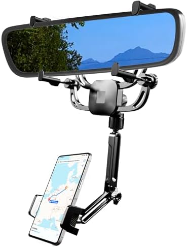 Karmus Rear View Mirror Phone Holder for Car – Universal Rearview Mirror Mount for iPhone & Android, All-Metal Arm, 360° Rotation No Suction Needed Car Cell Phone Holder Secure Fit for Most Vehicles