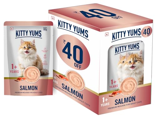 Image of Kitty Yums Adult Cat Wet Mousse 80g (4+1) Pack of 5, 400g | Salmon Flavour | Rich in Protein, Hydrating & Easy to Digest | Grain Free, No Artificial Flavours | with Essential Vitamins & Antioxidants