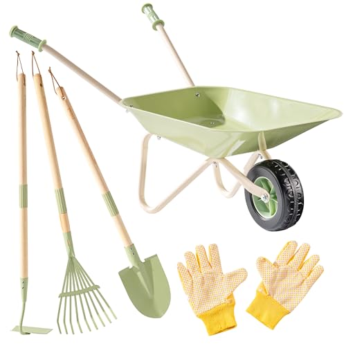ROBUD Juego de jardinería con carretilla para niños con rastrillo para hojas, pala, azada y guantes, 6 piezas de juguetes de jardín para niños pequeños a partir de 3 años, herramientas de jardinería