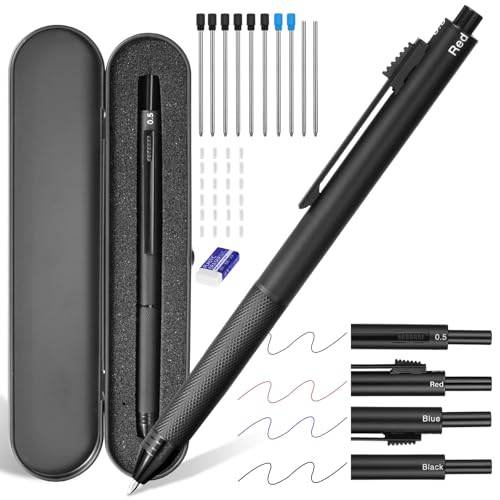 AUAUY 4-in-1-Schreibgerät mit Kugelschreiber und Druckbleistift, Kugelschreiber mit 3 Feinen Spitzen(Schwarze/Blau/Rote Tinte) und 1 Druckbleistift mit Spitze(0,5mm Mine), Radiergummis