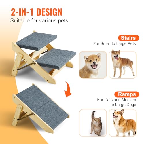VEVOR Holz-Haustiertreppe/Haustierstufen, 2-in-1 faltbare Hundetreppe aus Holz für Betten, Sofas und Autos, Hundetreppe und Rampe mit 2 Stufen für kleine, mittelgroße und große Haustiere, bis zu 50 kg