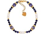 MINACHI Bohemian Retro Vintage Created-Lapis-Lazuli and Imitation-Pearl Beads Bracelet, Stainless Steel Clasp, Women's Gift Jewelry