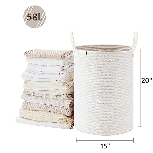 Image of VIPOSCO 58L Tall Woven Rope Laundry Hamper, Leather Handles, White
