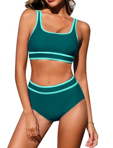 Nadeer Conjuntos de Bikinis Mujer Push Up Traje de Baño de Dos Piezas Cintura Alta Bikini de Playa Talla Grande Ropa de Baño(Cian,L)